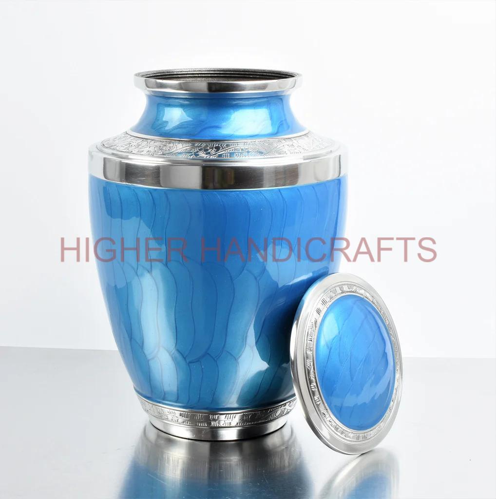 Blue Enameled Decorative Cremation Urn for Ashes - Detailed Engraving Funeral Urns
