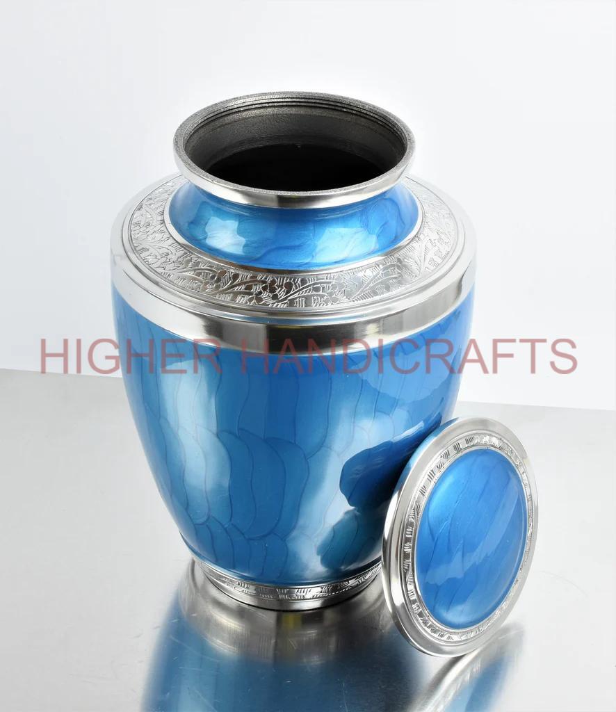 Blue Enameled Decorative Cremation Urn for Ashes - Detailed Engraving Funeral Urns
