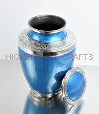 Blue Enameled Decorative Cremation Urn for Ashes - Detailed Engraving Funeral Urns