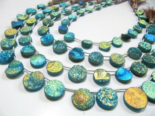 Natural Titanium Coated Agate Blue Druzy Round Shape Bead Strand 10Inches Long