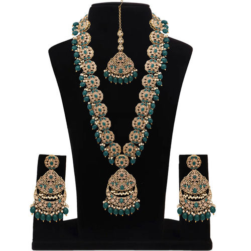 Emerald Glow Reverse AD Stone Mehandi Plated Chandbali Long Necklace Set