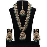 Emerald Glow Reverse Ad Stone Mehandi Plated Chandbali Long Necklace Set - Alloy, Necklace Length 27.5 Cm, Earring Length 10.5 Cm, Green Color | Adjustable Size, Intricate Details, Perfect For Weddings And Engagements