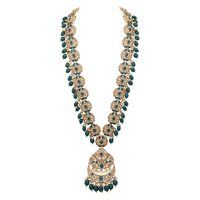 Emerald Glow Reverse AD Stone Mehandi Plated Chandbali Long Necklace Set