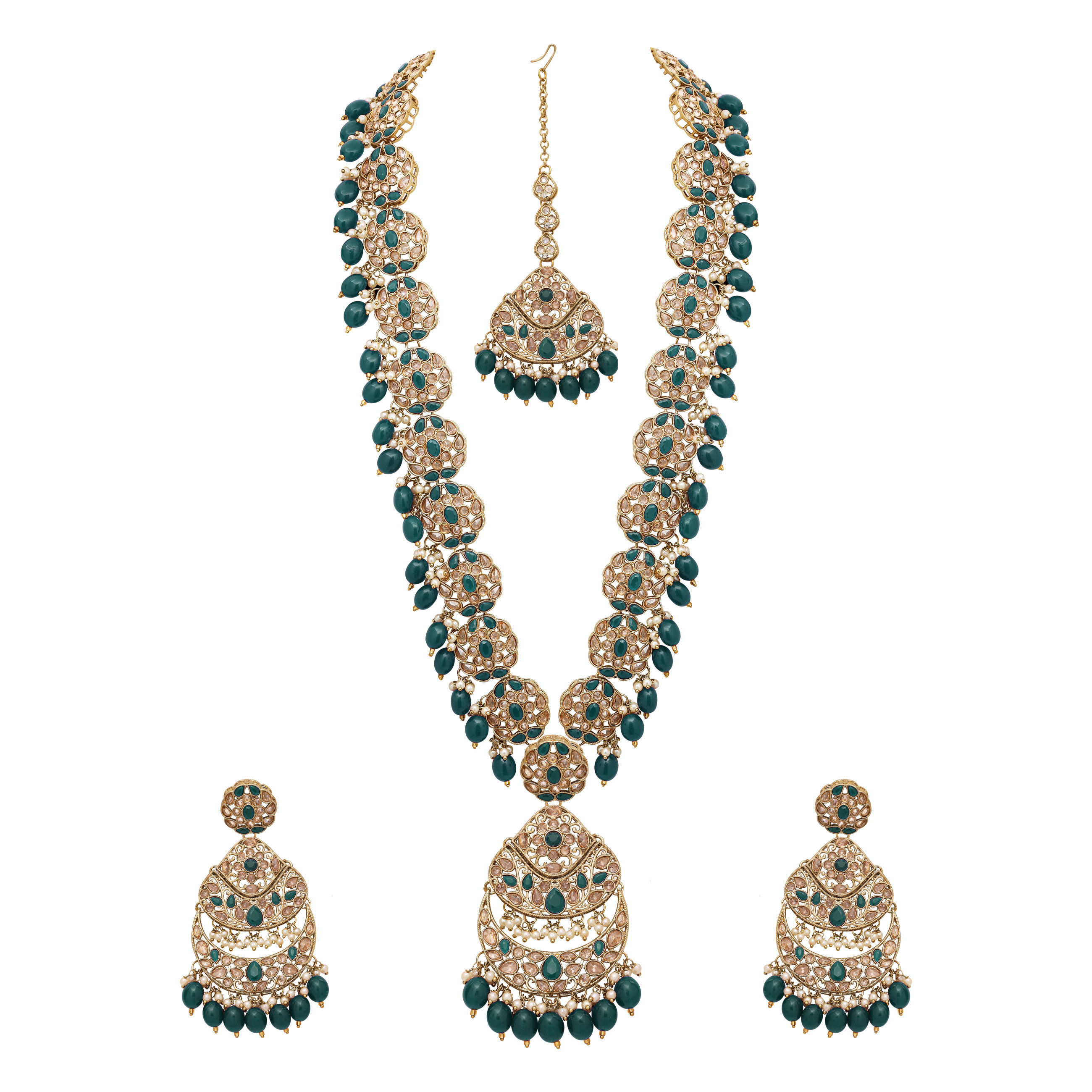 Emerald Glow Reverse AD Stone Mehandi Plated Chandbali Long Necklace Set