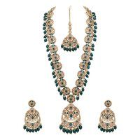 Emerald Glow Reverse AD Stone Mehandi Plated Chandbali Long Necklace Set