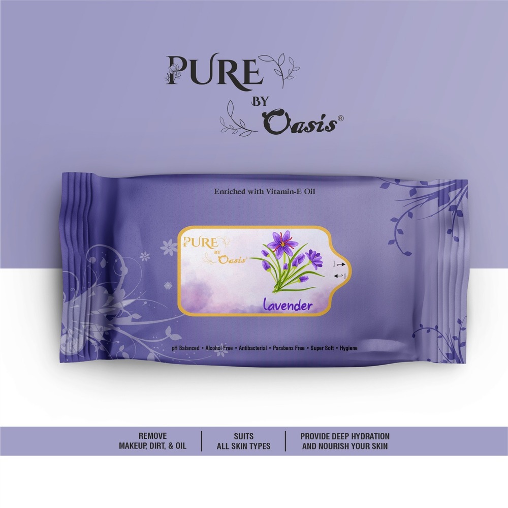 25 Pulls Packs Pure By Oasis Natural Lavender Wipes,  Enriched With Vitamin-E Oil