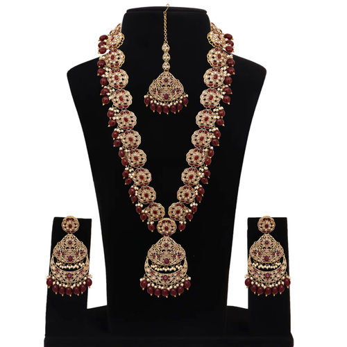 Emerald Glow Reverse AD Stone Mehandi Plated Chandbali Long Necklace Set.