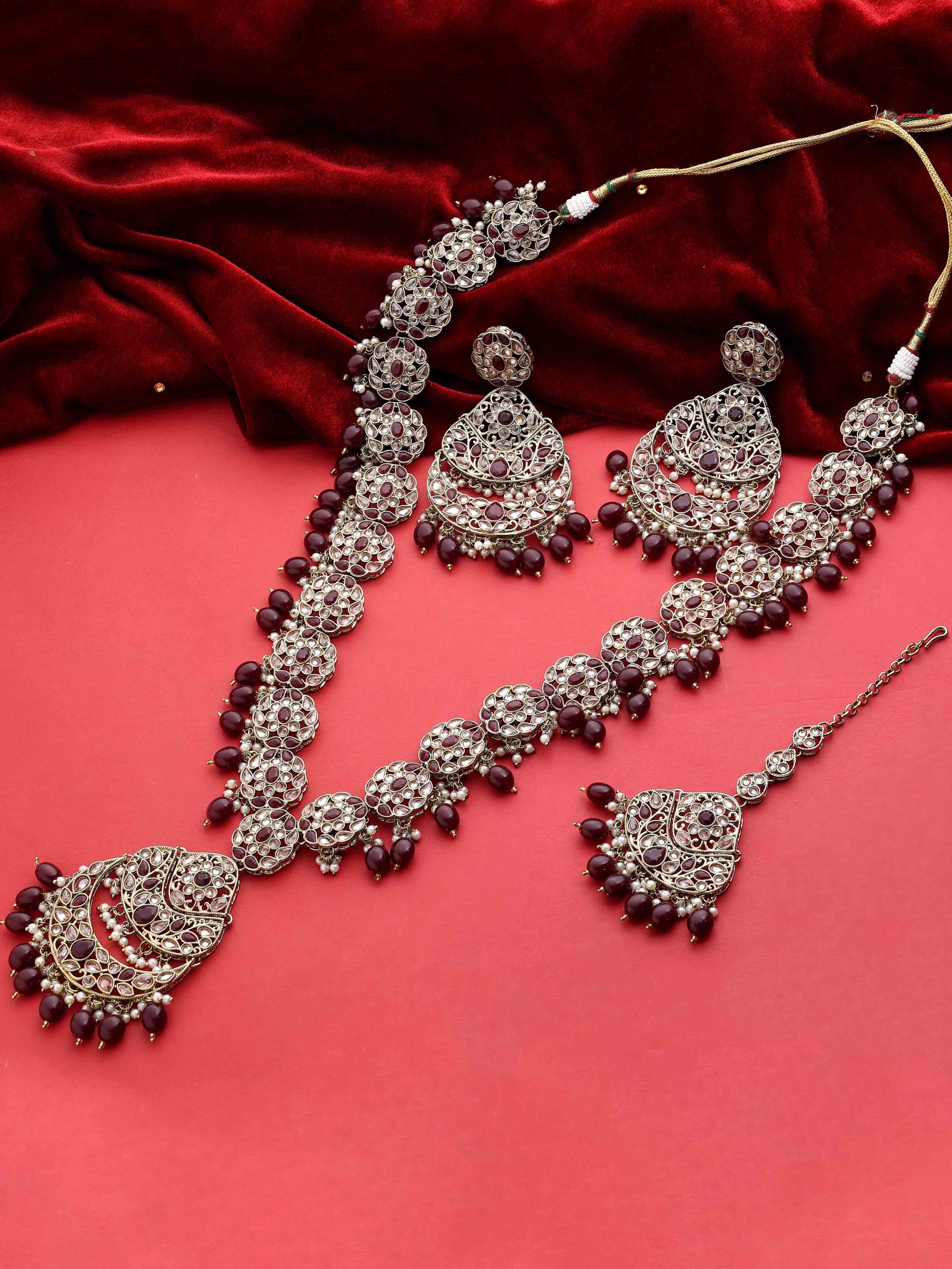 Emerald Glow Reverse AD Stone Mehandi Plated Chandbali Long Necklace Set.