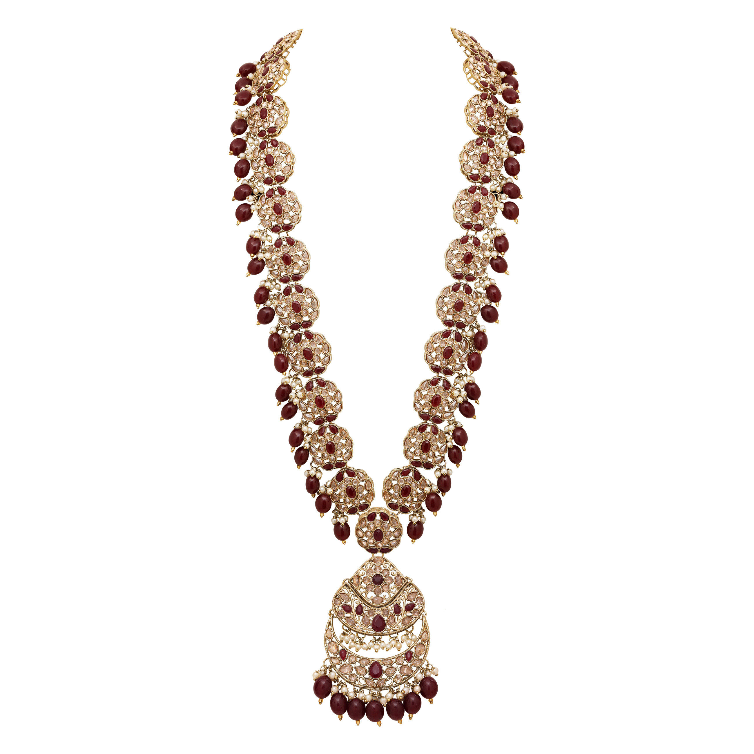 Emerald Glow Reverse AD Stone Mehandi Plated Chandbali Long Necklace Set.