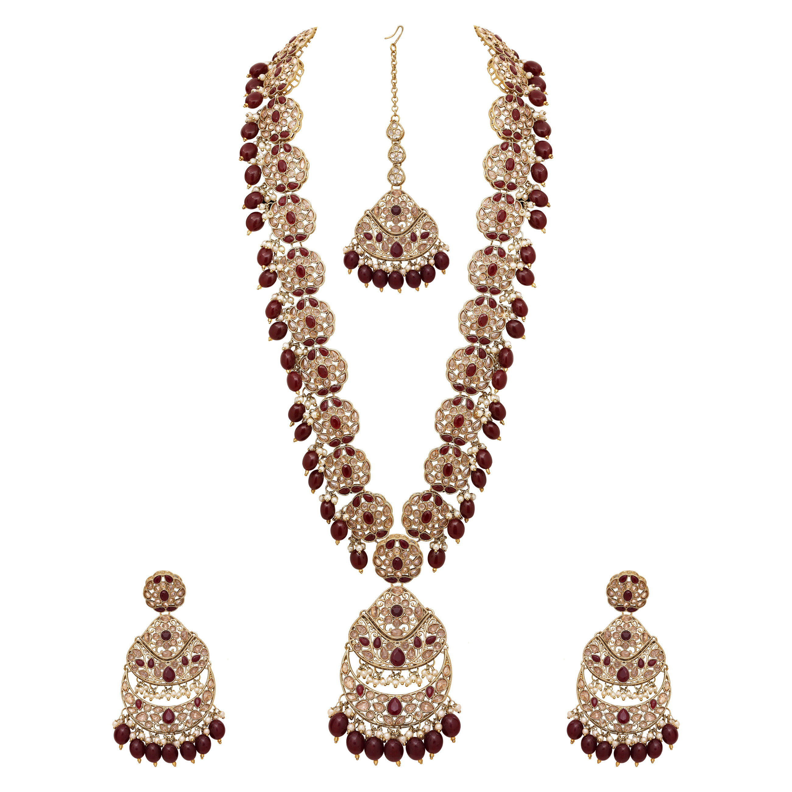 Emerald Glow Reverse AD Stone Mehandi Plated Chandbali Long Necklace Set.