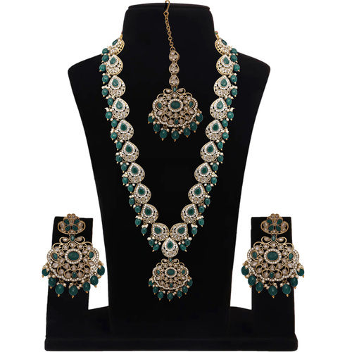 Oval Floral Delight Mehandi Plated Reverse AD Long Necklace Set