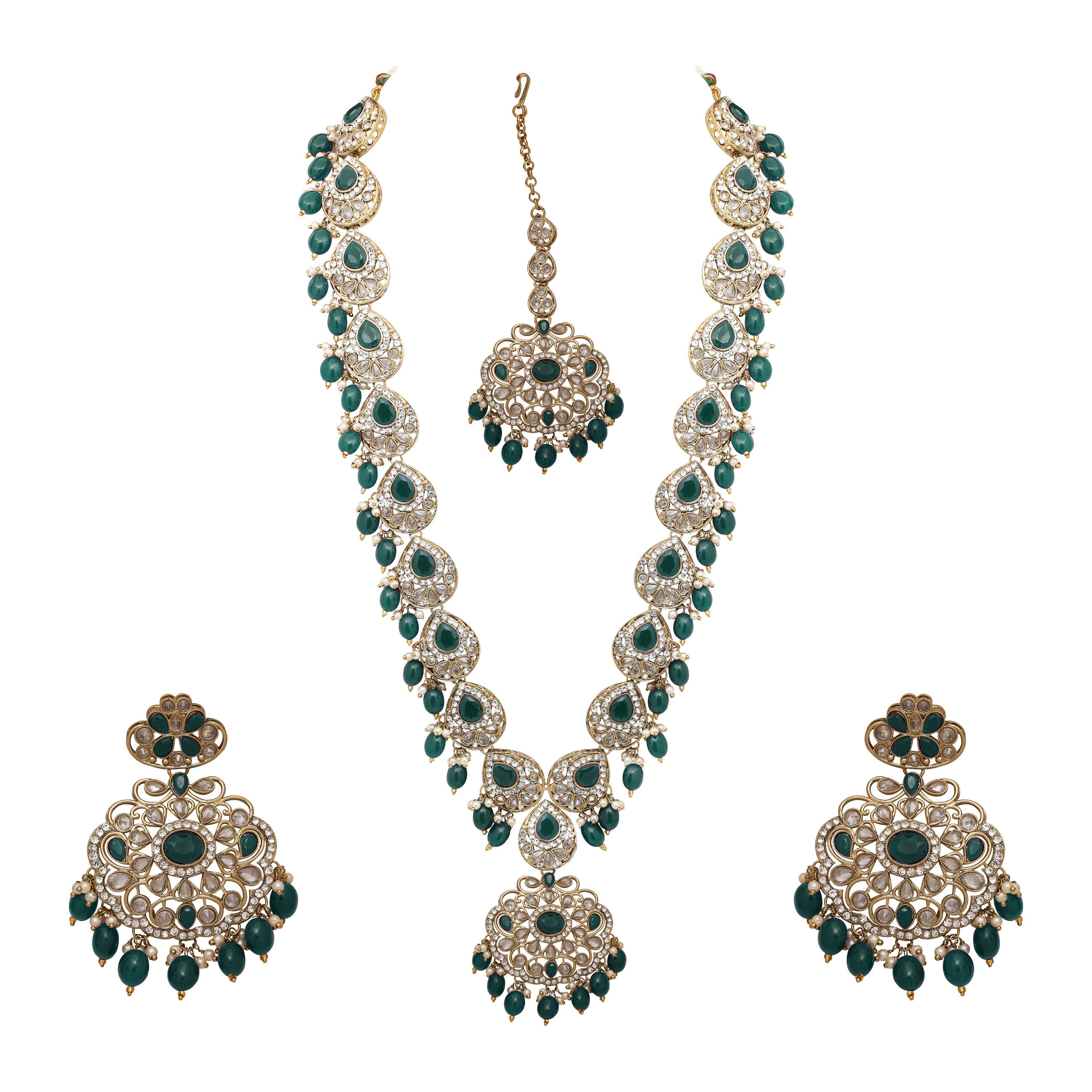 Oval Floral Delight Mehandi Plated Reverse AD Long Necklace Set