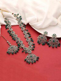 Oval Floral Delight Mehandi Plated Reverse AD Long Necklace Set