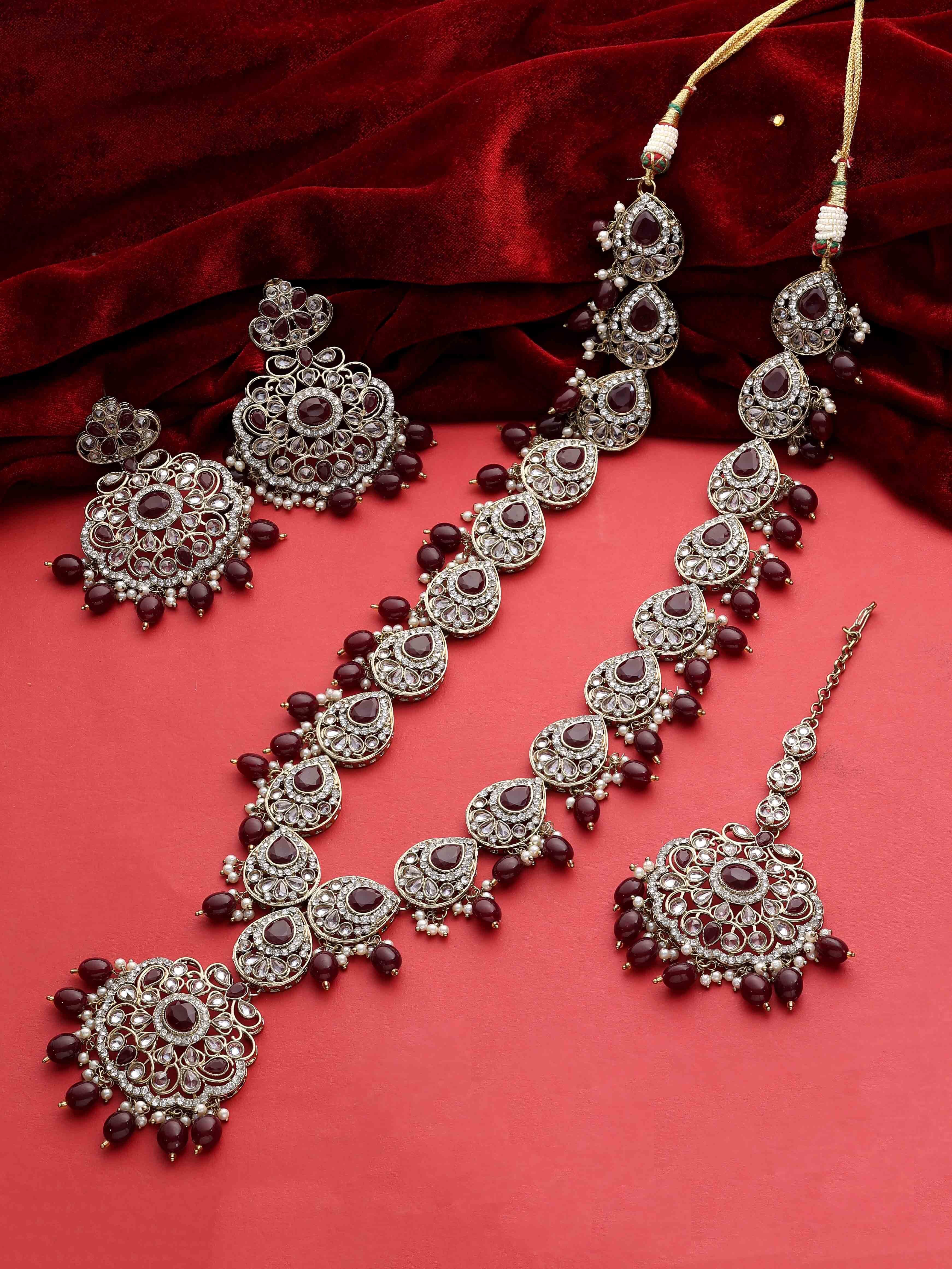 Oval Floral Delight Mehandi Plated Reverse AD Long Necklace Set.