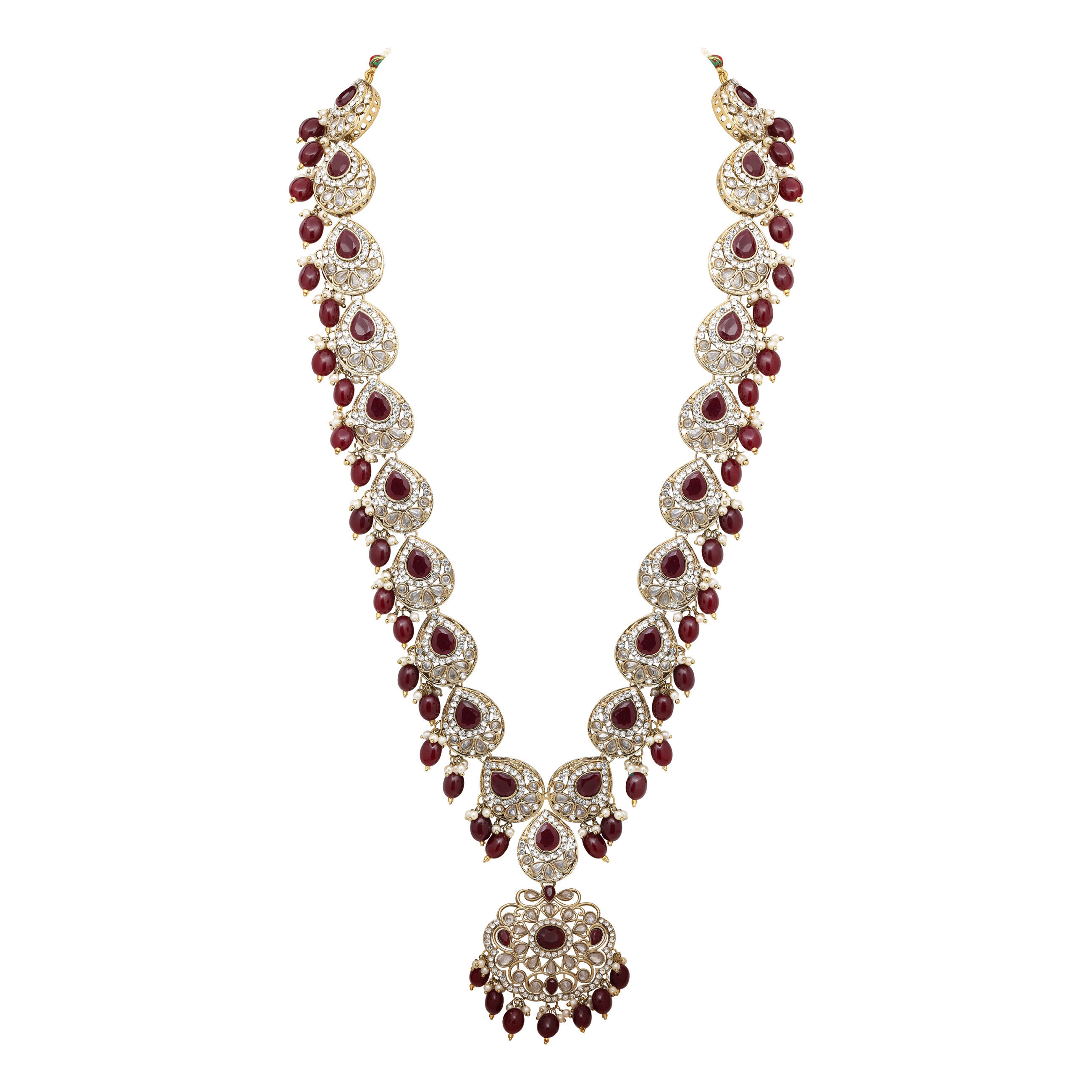 Oval Floral Delight Mehandi Plated Reverse AD Long Necklace Set.