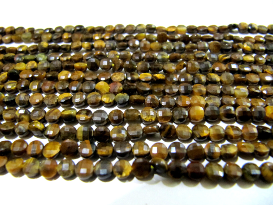 Natural Tiger Eye Faceted Coin Shape 4mm Beads Strand 13 Inch Long