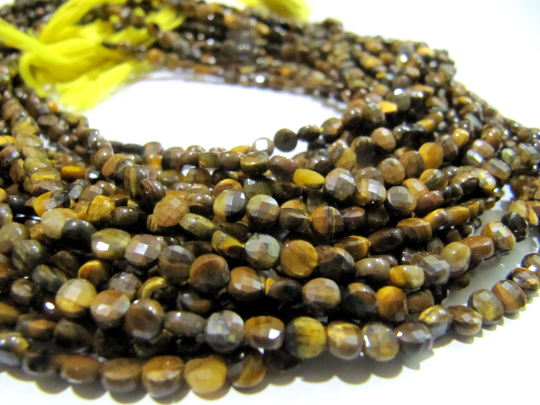 Natural Tiger Eye Faceted Coin Shape 4mm Beads Strand 13 Inch Long