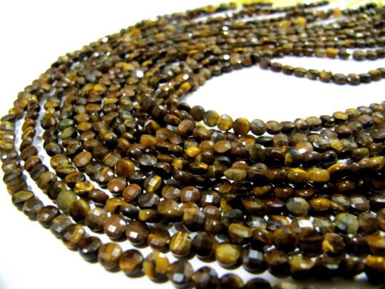 Natural Tiger Eye Faceted Coin Shape 4mm Beads Strand 13 Inch Long