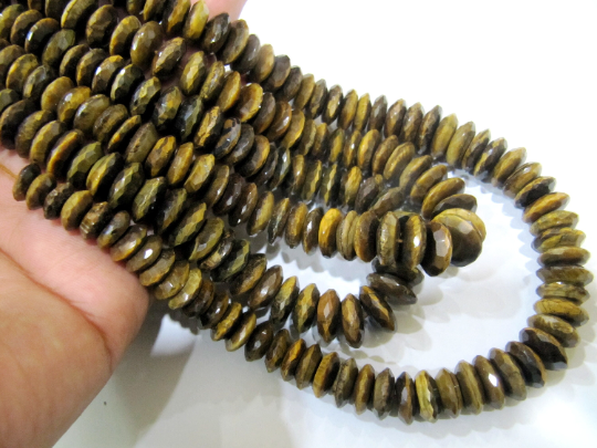 Natural Tiger Eye German cut Rondelle Faceted 9 to 13mm Beads Strands 8 inch long