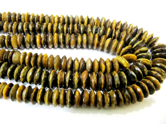 Natural Tiger Eye German cut Rondelle Faceted 9 to 13mm Beads Strands 8 inch long