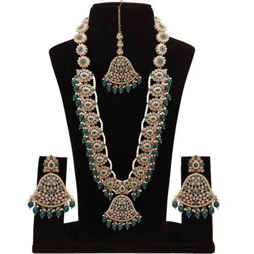 Traditional Mehandi Plated Reverse Ad Pearl Studded Long Necklace Set