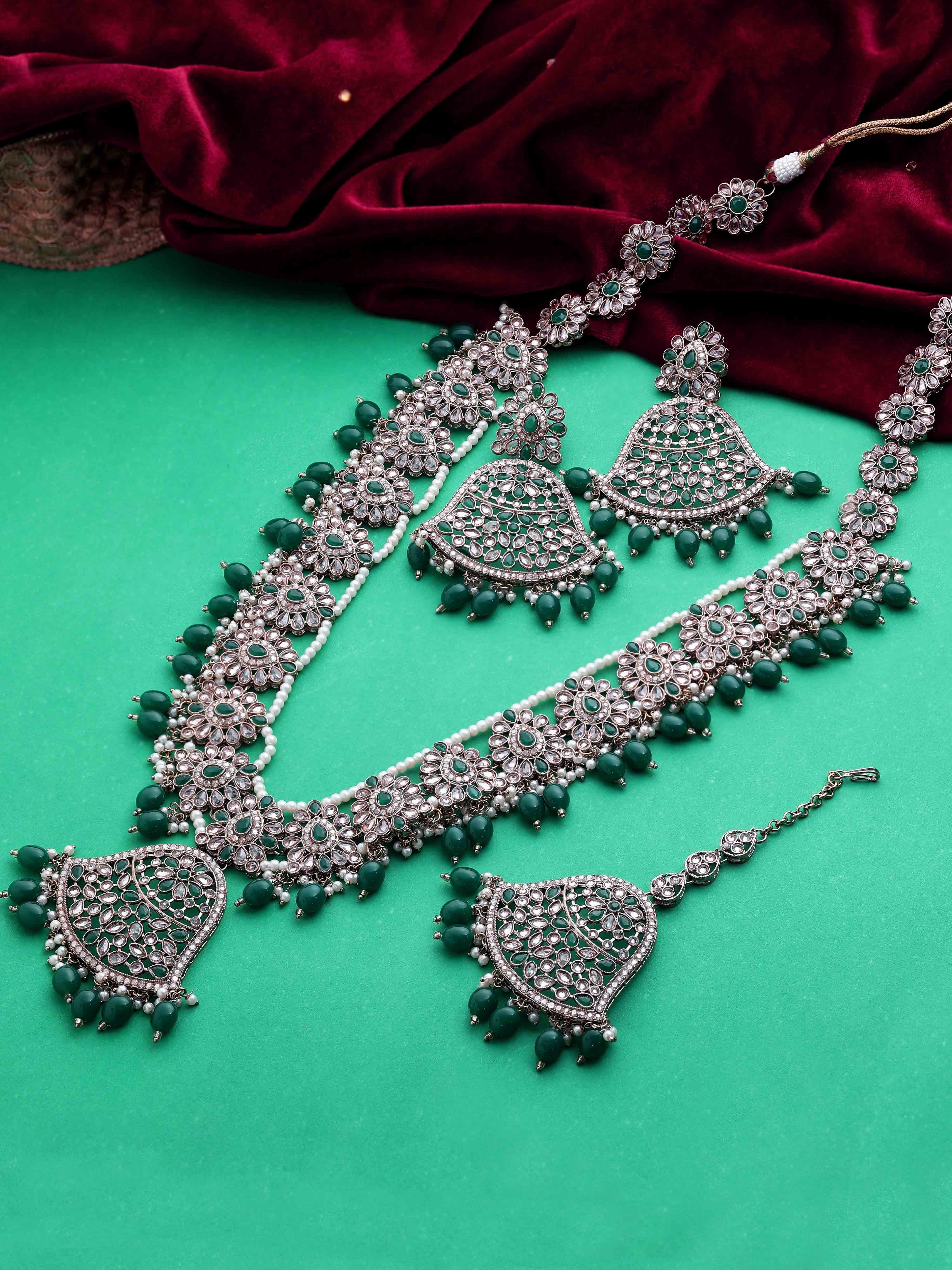 Traditional Mehandi plated Reverse AD Pearl Studded Long Necklace Set