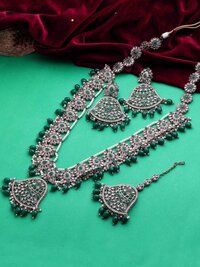 Traditional Mehandi plated Reverse AD Pearl Studded Long Necklace Set