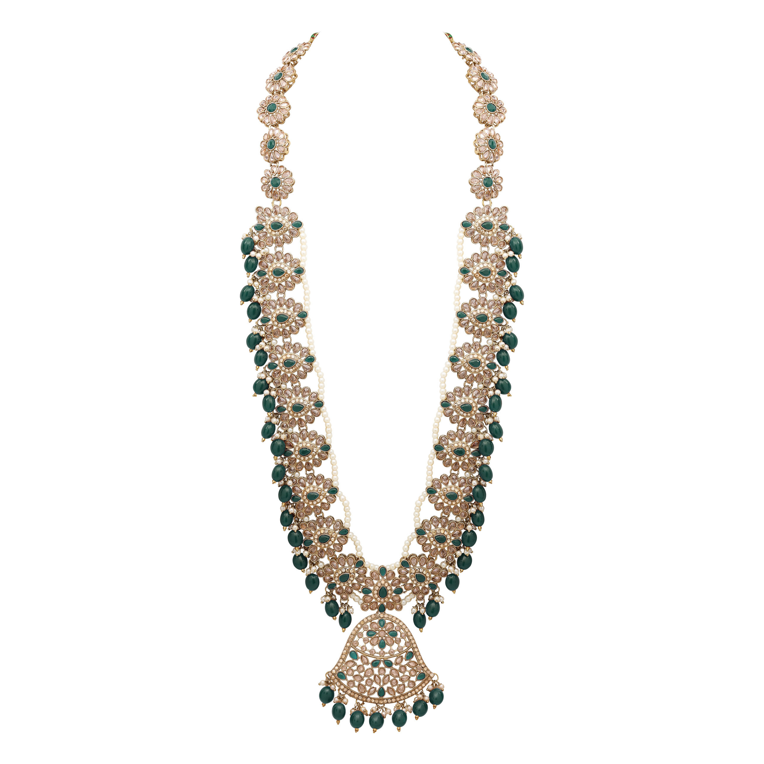 Traditional Mehandi plated Reverse AD Pearl Studded Long Necklace Set