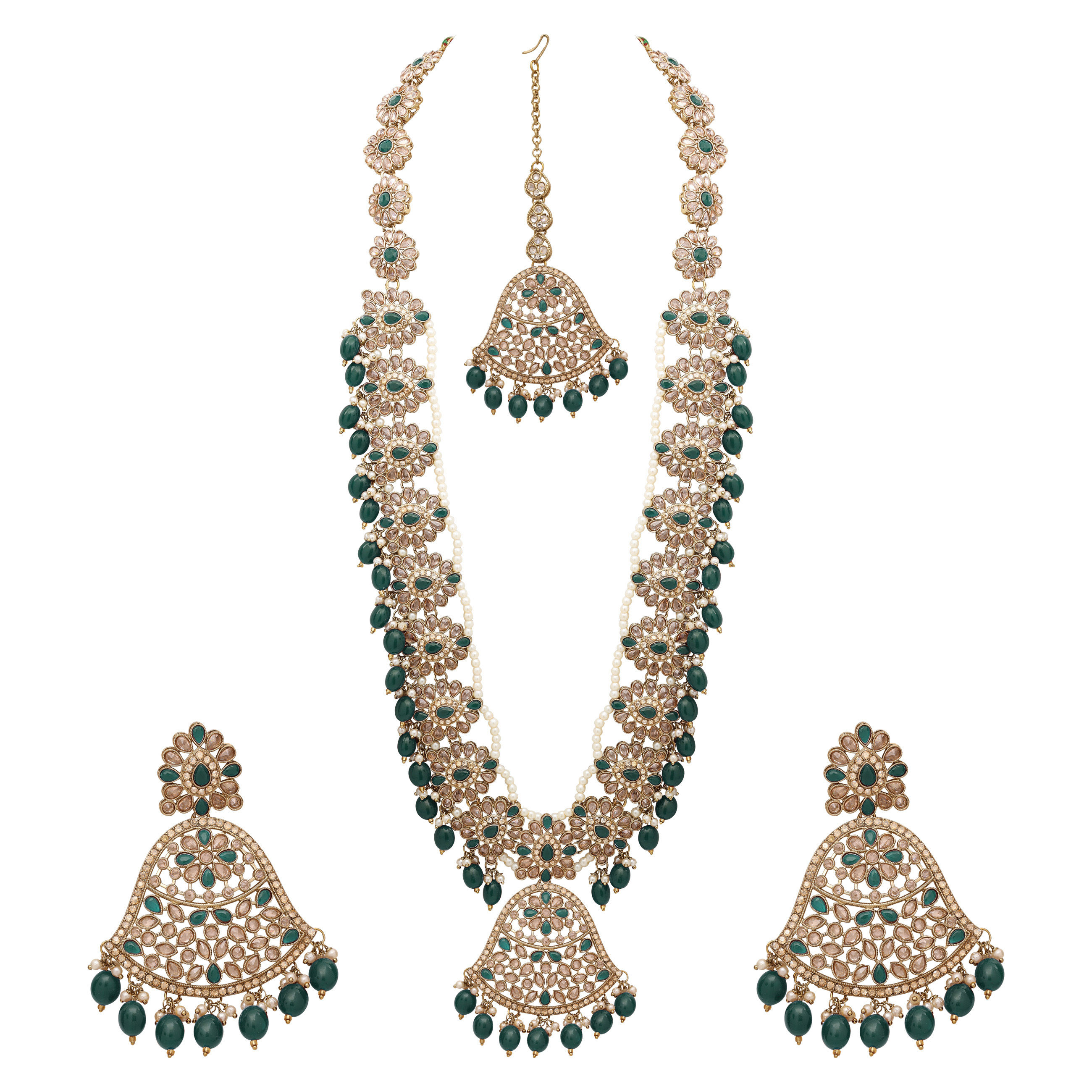 Traditional Mehandi plated Reverse AD Pearl Studded Long Necklace Set