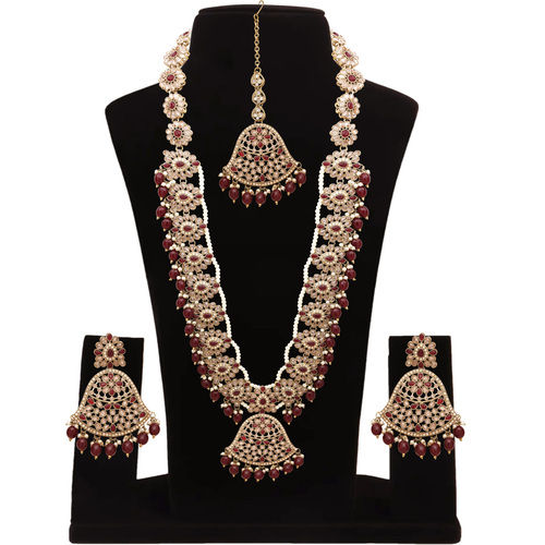 Traditional Mehandi Plated Reverse Ad Pearl Studded Long Necklace Set.