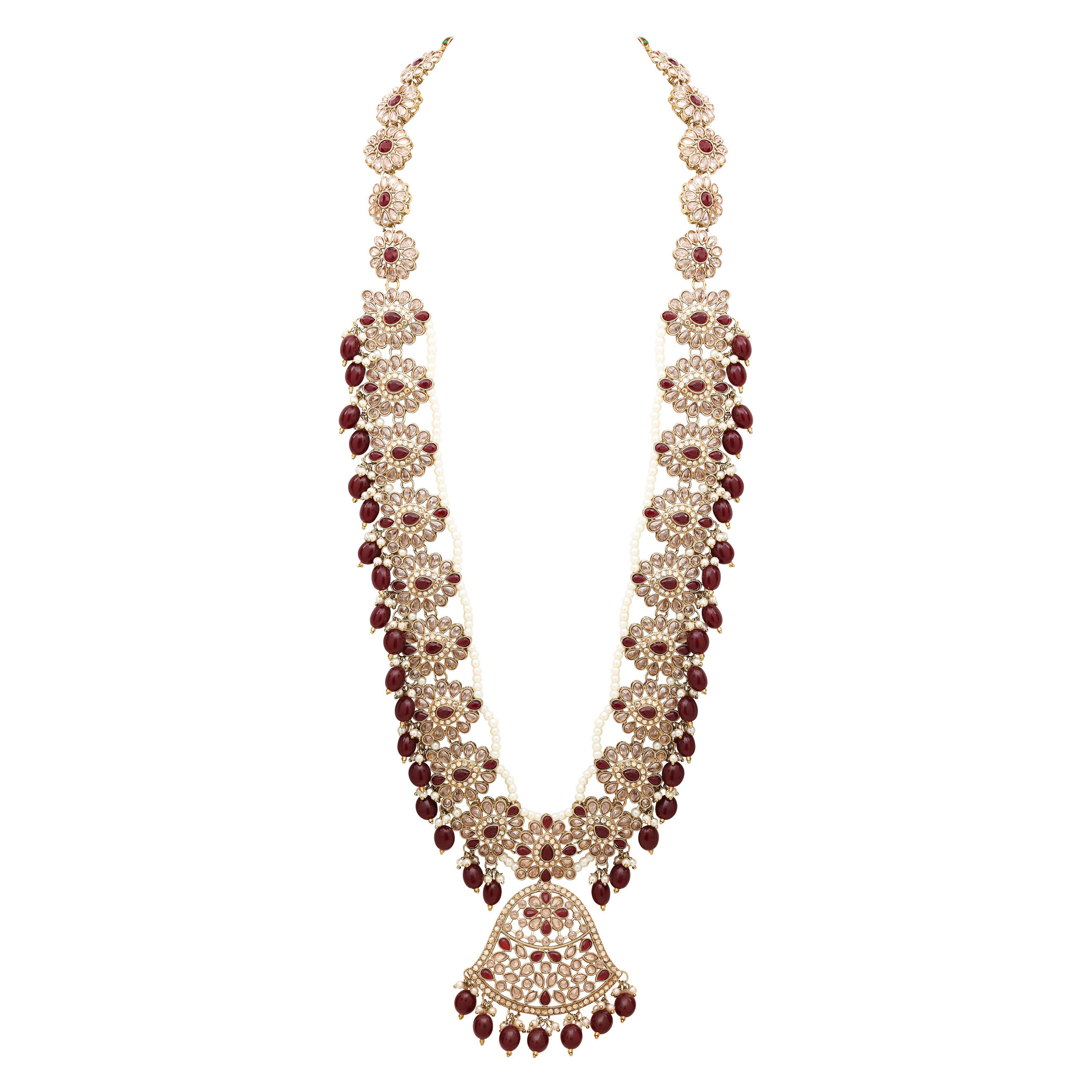 Traditional Mehandi plated Reverse AD Pearl Studded Long Necklace Set.