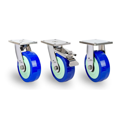 Heavy Duty Plate Type Ss Fabricated Caster On Blue Antistactic Wheels - Color: Silver