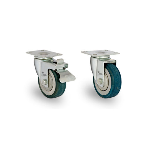 Plate Type Zinc Plated Die Pressed Caster On Blue Rubber Wheels - Color: Silver