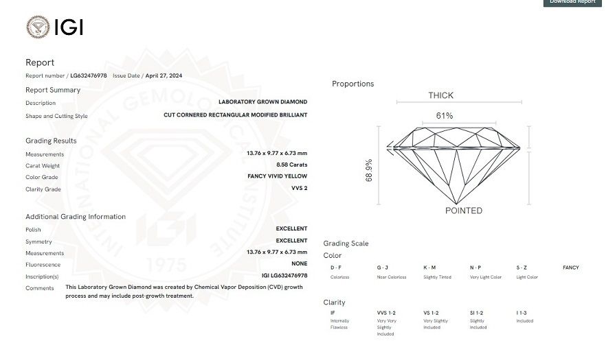 Radiant 8.58ct Fancy Vivid Yellow VVS2 IGI 632476978 lab grown diamond