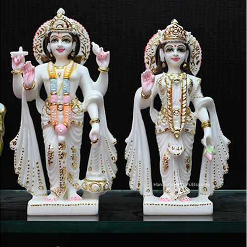 White Polished Standing Vishnu And Laxmi Statue