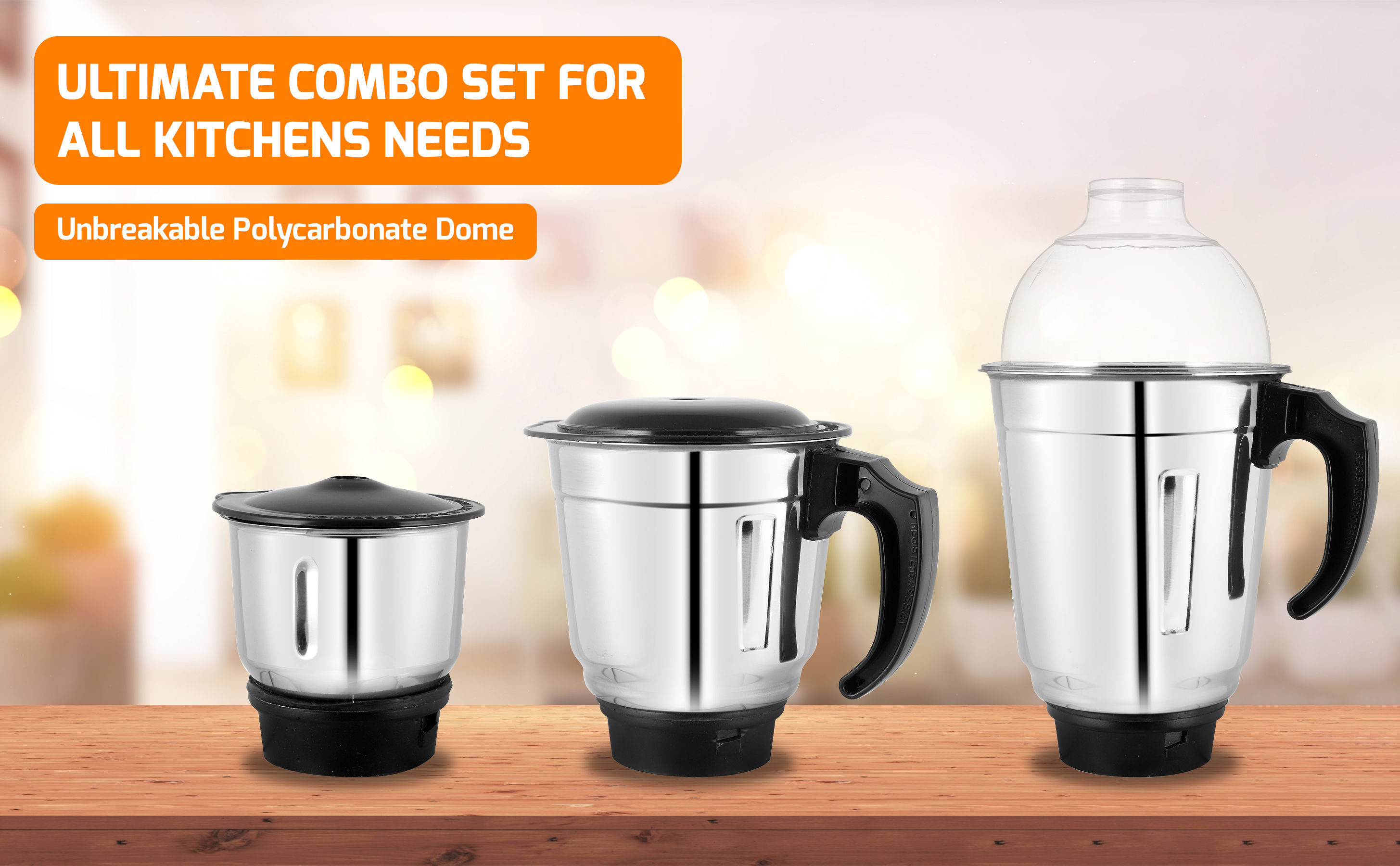 Stainless Steel 3 Pieces Mixer Grinder Jar Set