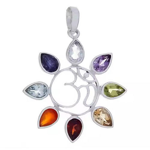 Om Flower Chakra Silver Pendant - Shape: Round