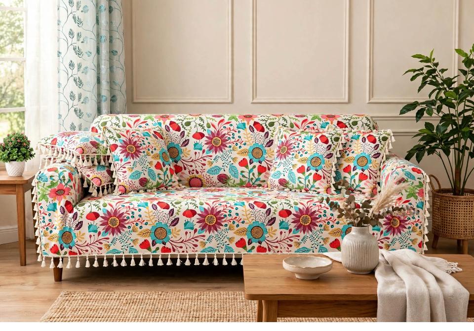 Sofa Cover - Cotton Material, Standard Size | Multicolor Floral And Geometric Pattern, Lightweight Traditional Printed Style