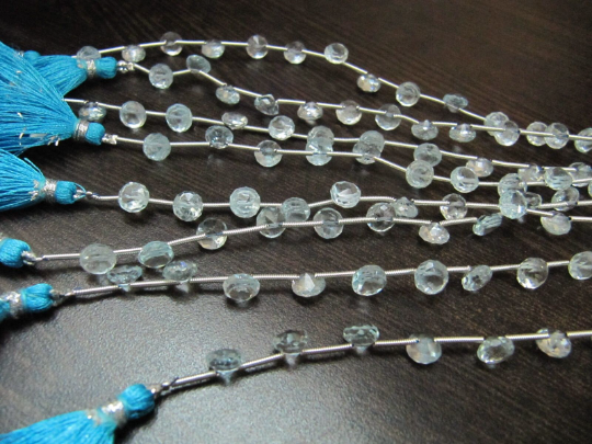 Natural Sky Blue Topaz Onion Shape Faceted  6-7mm Beads Strand 8''long