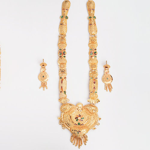 Long Fancy Imitation Gold Necklace Set - Color: Golden