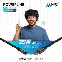 Powerline V8 Series Metal Shell Mould 25w V8 Data Cable 1 Meter Cable - High-quality Plastic, 1 Meter, Sleek Black, Warranty Included