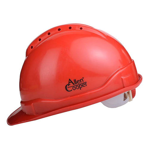Red Polymer Ratchet Type Safety Helmet with Chin Strap
