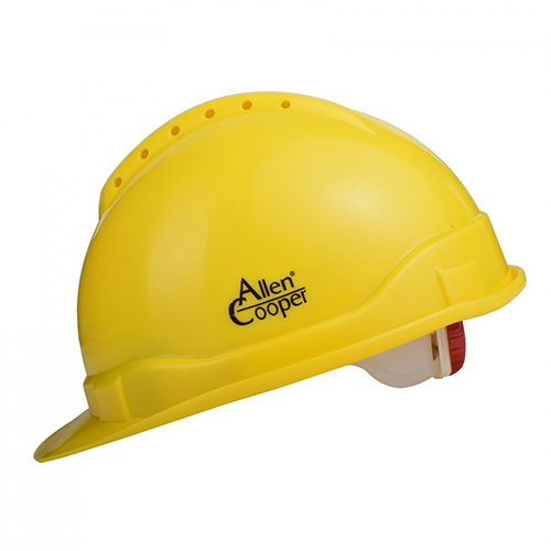 Red Polymer Ratchet Type Safety Helmet with Chin Strap