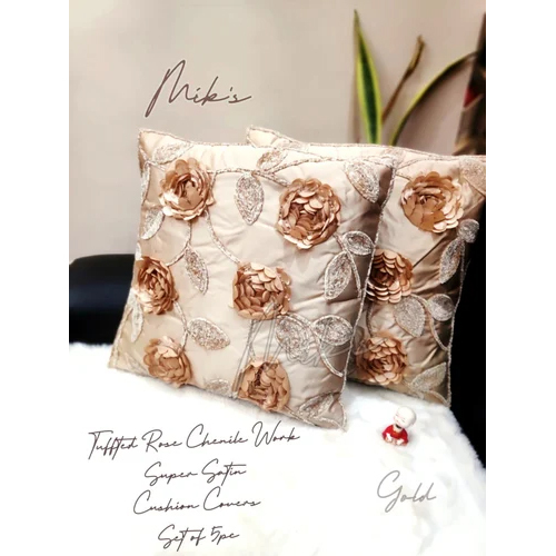 Satin Rose Tuffed Chennile Work Cushion Covers 5Pc Set