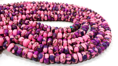 Natural Mohave Pink Calcite and Purple Copper Turquoise Rondelle 8mm Strand 8''long