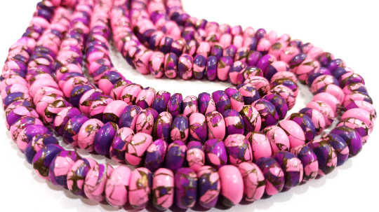 Natural Mohave Pink Calcite and Purple Copper Turquoise Rondelle 8mm Strand 8''long