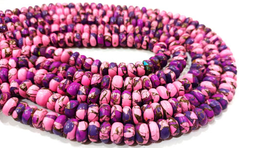 Natural Mohave Pink Calcite and Purple Copper Turquoise Rondelle 8mm Strand 8''long