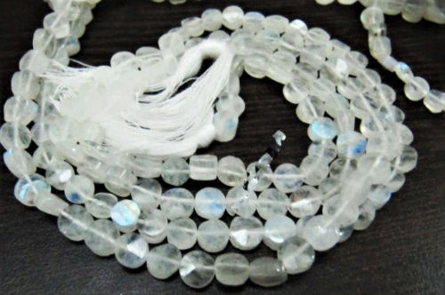 Natural White Rainbow Blue Flashy Moonstone Coin Shape Faceted 5-6mm Strand 10''