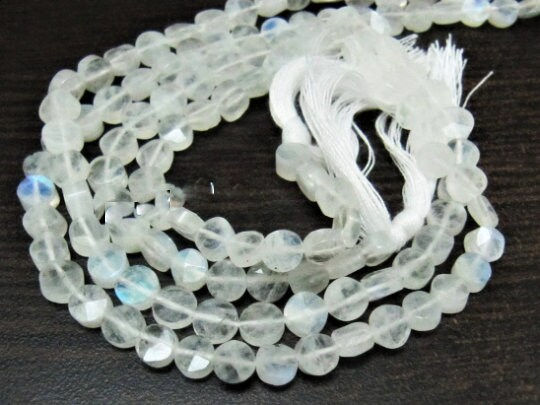 Natural White Rainbow Blue Flashy Moonstone Coin Shape Faceted 5-6mm Strand 10''