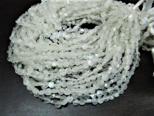 Natural White Rainbow Blue Flashy Moonstone Coin Shape Faceted 5-6mm Strand 10''